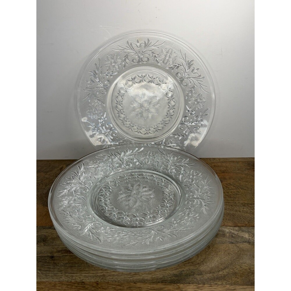 Set Of 6 Anchor Hocking Glass SANDWICH Crystal 8” Salad Plate Etched Mint